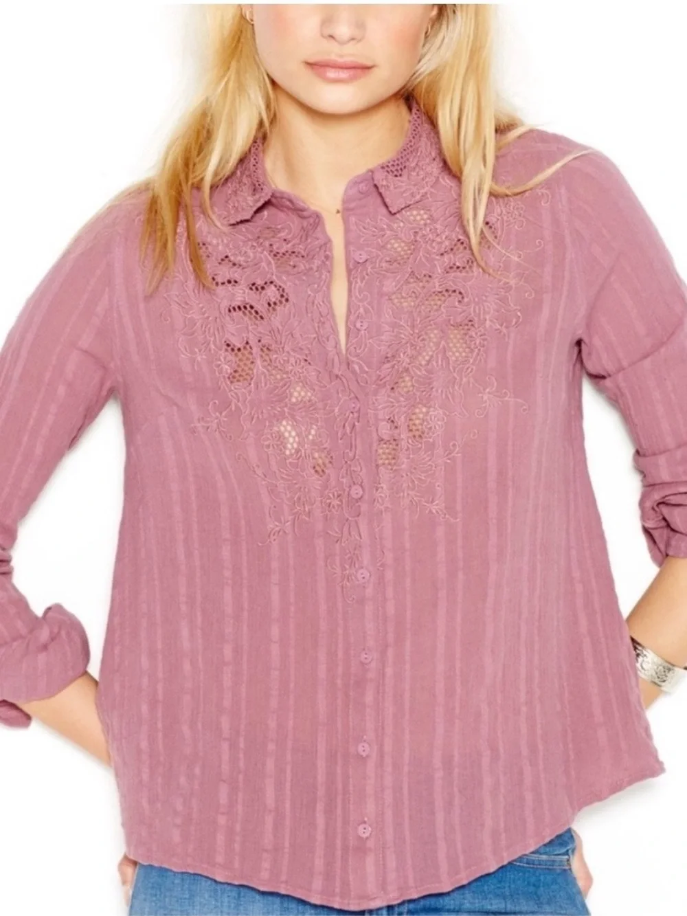 Free People Purple Carter Dobby Lace-Embroidered Button Down Blouse
